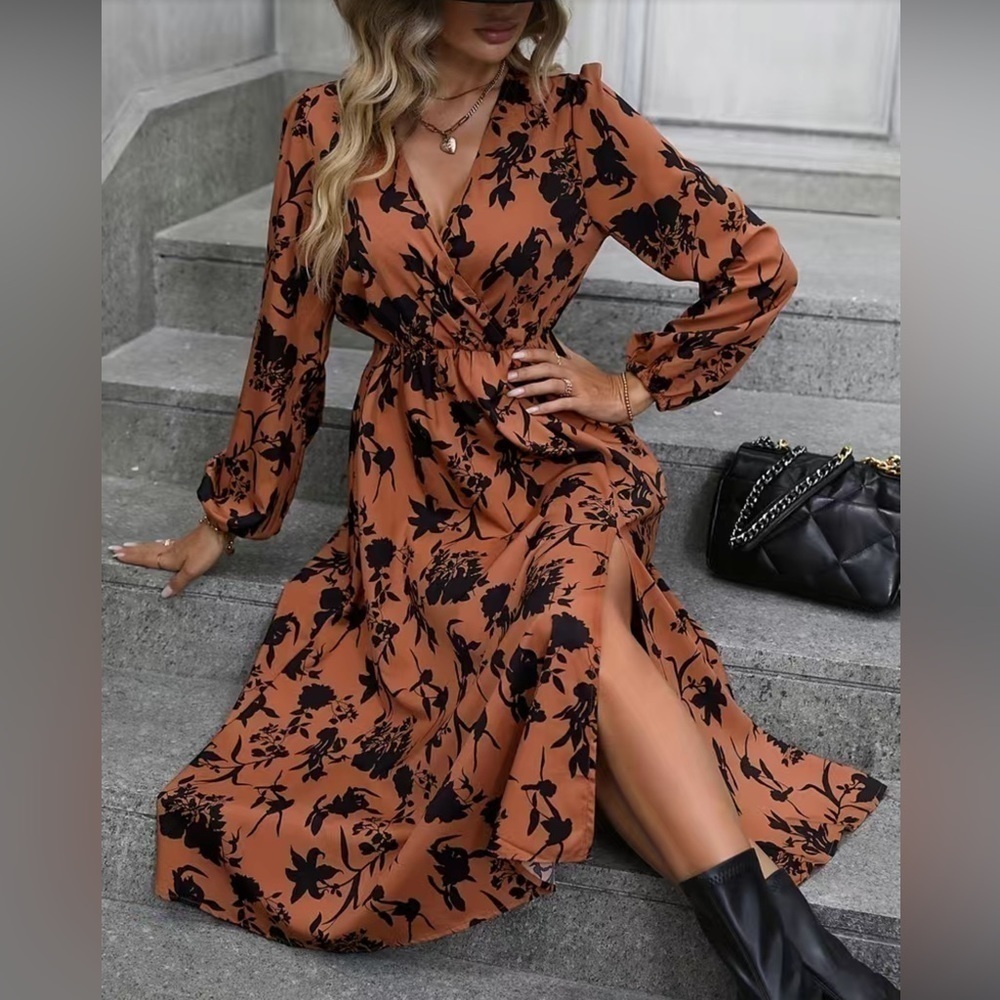 🌵 NWT🌵Floral Print Split V Neck Elegant Long Sleeve Dress  size M/6
